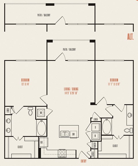 Floor plan for 2 beds, 2 baths, 1183 sqft